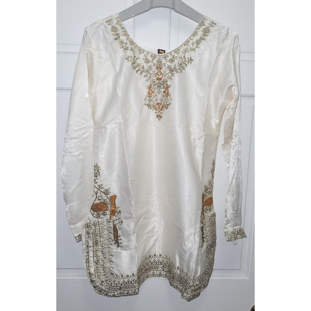 Women's 3pc Satin Silk Kurta Suit w/ Silk Chiffon Dupatta - Ivory - M 38" Chest